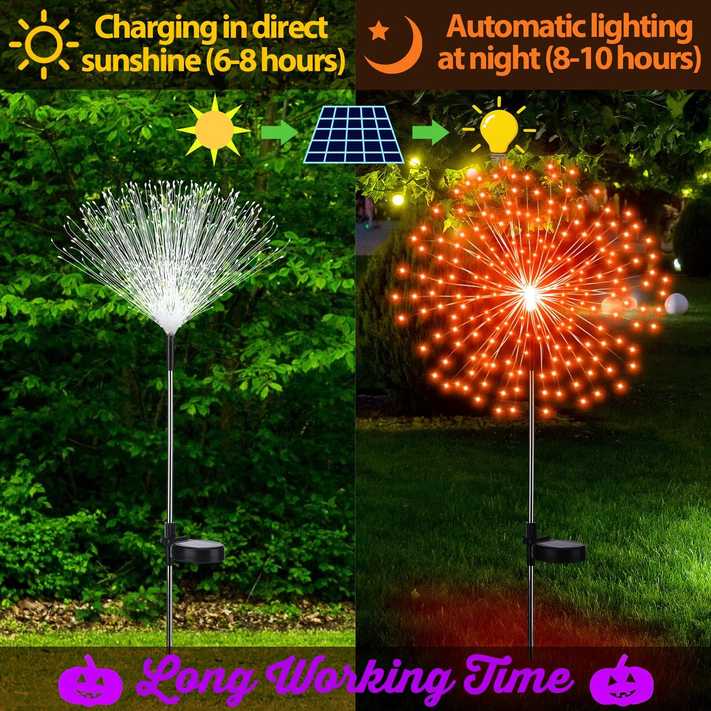 Tujoe 6 Pcs Fall Solar Firework Stake Lights 180 LED 8 Modes Solar Waterproof LED Sparkler Lights Outdoor Decoration for Halloween Christmas Holiday Garden Patio Yard Pathway Walkway, Orange, Purple