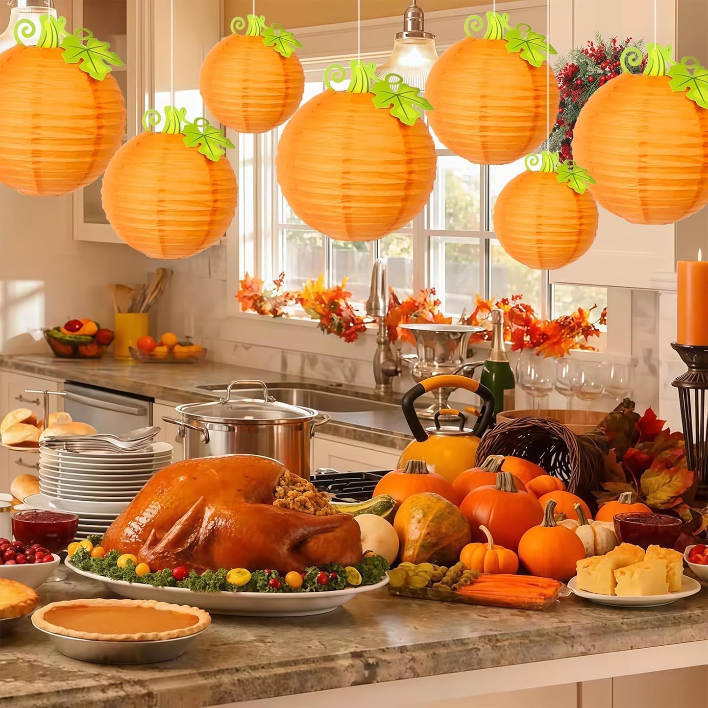 12Pcs Fall Thanksgiving Pumpkins Decorations Orange Paper Pumpkin Ball Decorations Lanterns Unique Design Perfect for Halloween Jack O Lantern Classroom Kitchen Party Indoor Outdoor