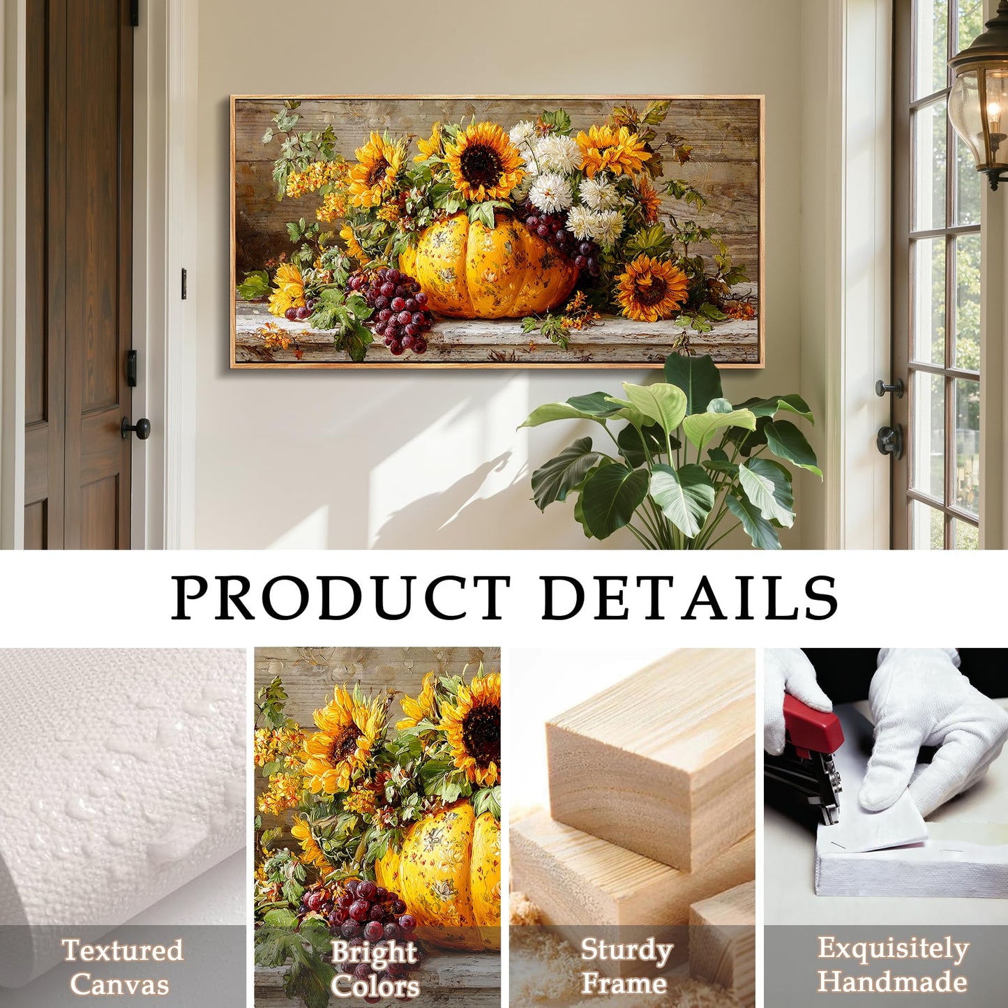 SERIMINO Oversized Wall Art, Flower Wall Art, Framed Artwork for Walls, Sunflower Botanical Prints, Pumpkin Fruit Large Painting, Rustic Pictures Wall Decor Living Room Dining Room Farmhouse 29"x57"