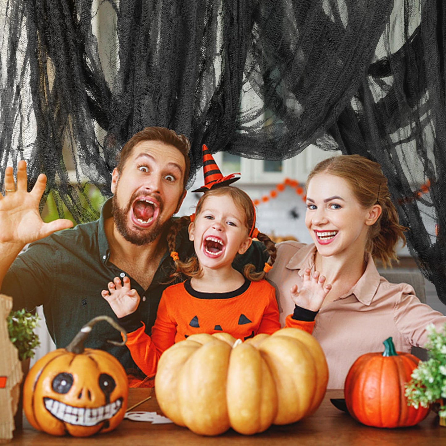 Watayo 315 x 85 Inch Halloween Creepy Cloth, Black Halloween Scary Spooky Cloth, Windows Doorways Cover Gauze for Holiday Party Haunted House Decorations
