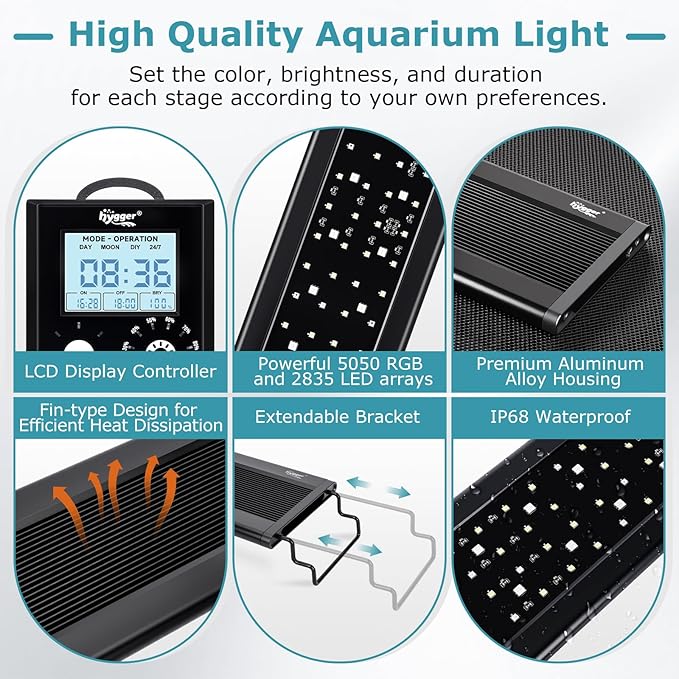 hygger 24W Aquarium Light, 24/7 & DIY Mode Fish Tank Light with Timer, IP68 Waterproof Full Spectrum, 8 Colors, 10 Brightness Day & Night Cycle Memory Function for 18-24 Inch Tank