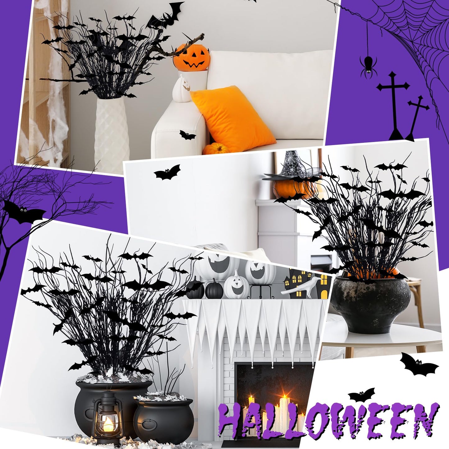 Zeyune 20 Pcs Halloween Black Artificial Branches Floral Picks Vase Filler 17.72 Inch Artificial Curly Willow and 3D Bats Wall Decals Sticker Decor Tree Glittery Flowers for Gothic Home