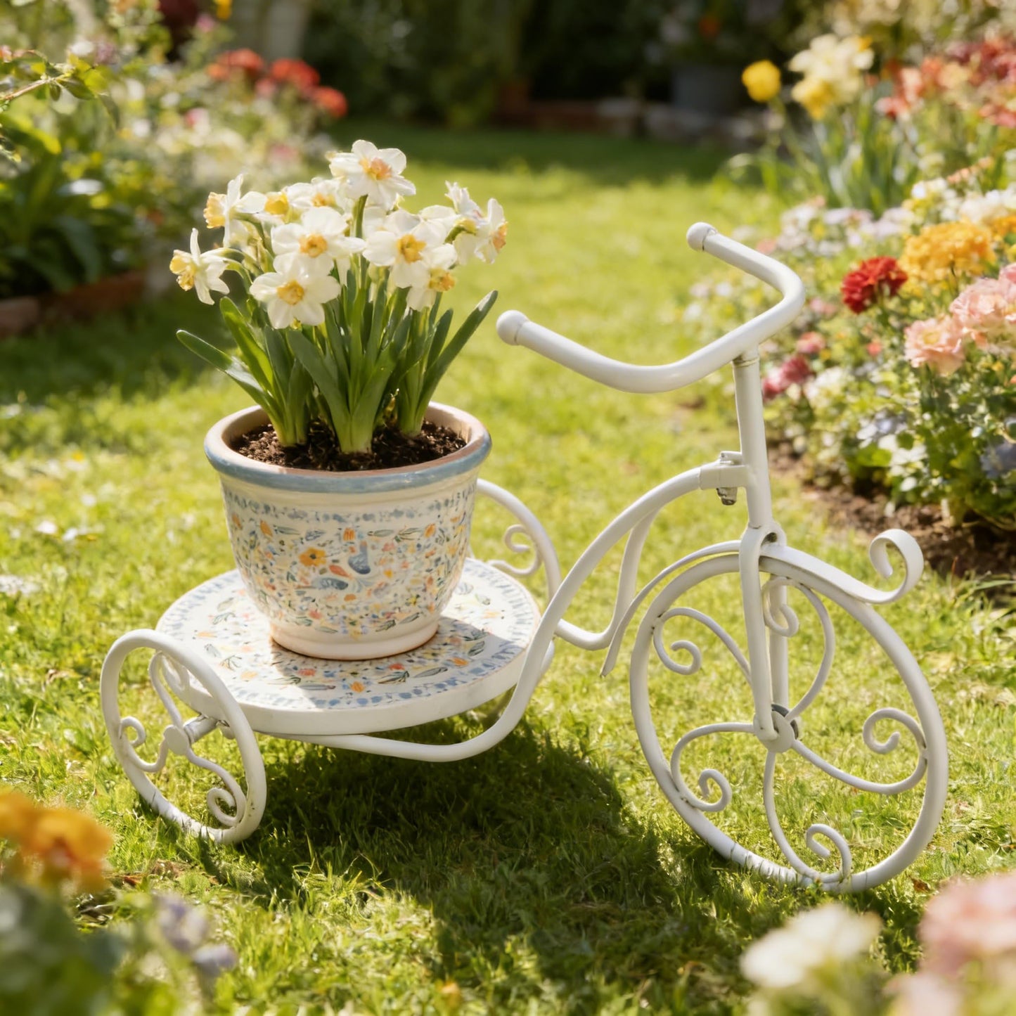 Zorvynelle Metal Bicycle Plant Stand Display Tricycle Plant Rack Flower Holder with Round Ceramic Tile Nesting Tray for Indoor Outdoor Home Garden Patio Wedding Garden Decor