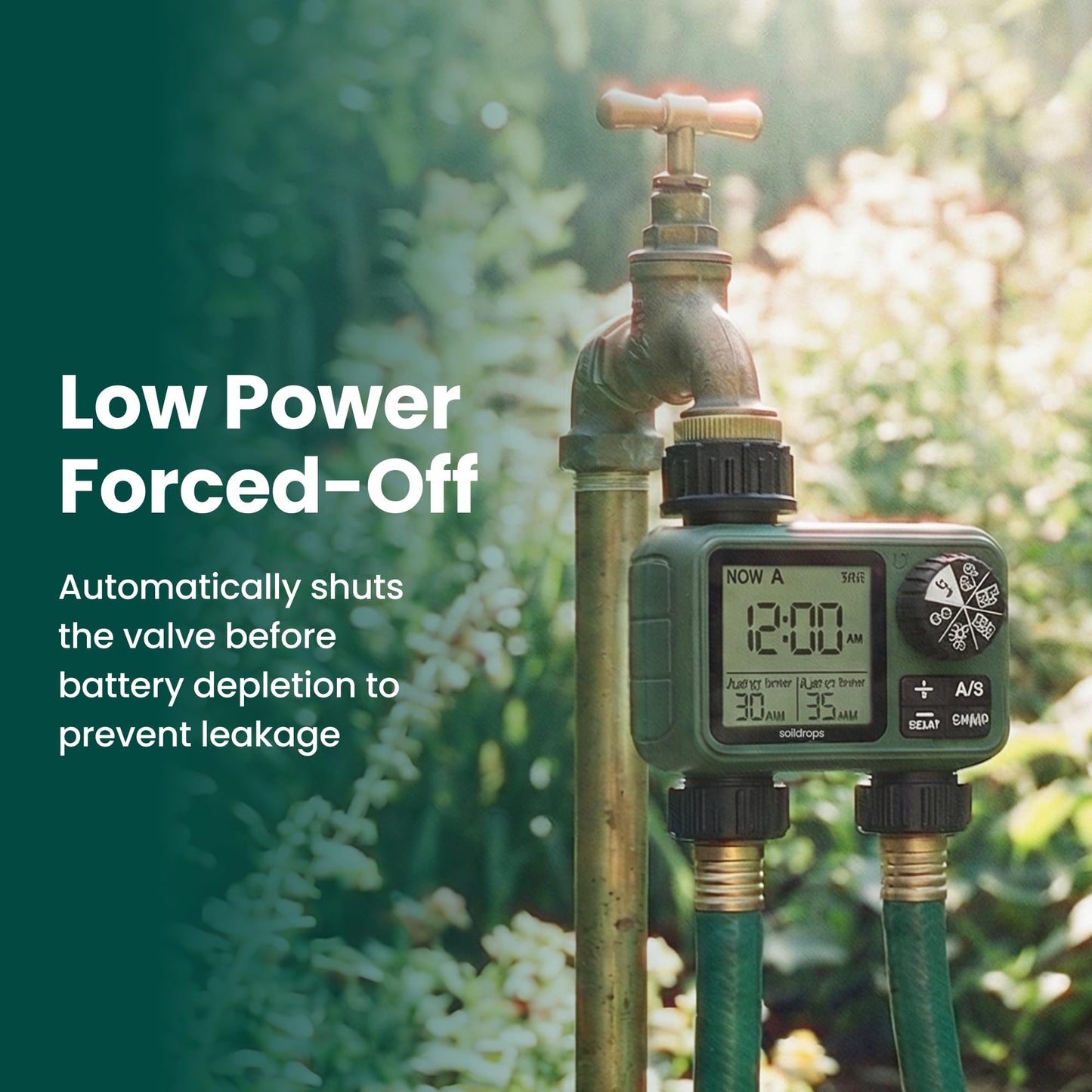 Soildrops Sprinkler Timer for Garden Hose, Programmable 1 or 2 Outlet Controller with Self-Cleaning Valve, 15-Day Frequency, Large Dial, Rain Delay & Auto-Off, IPX5