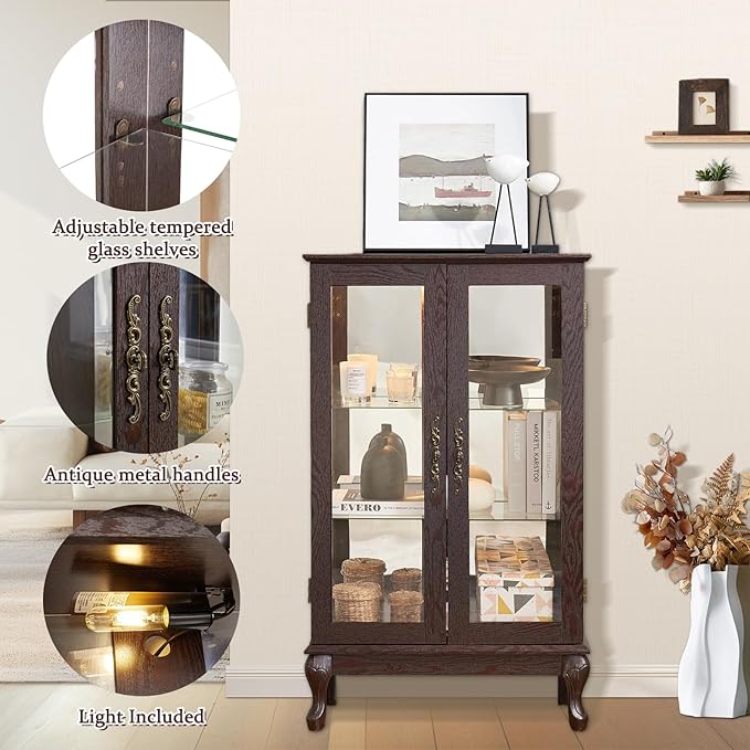 Curio Cabinet with Lighted Display, Glass Display with Mirrored Back, Vintage