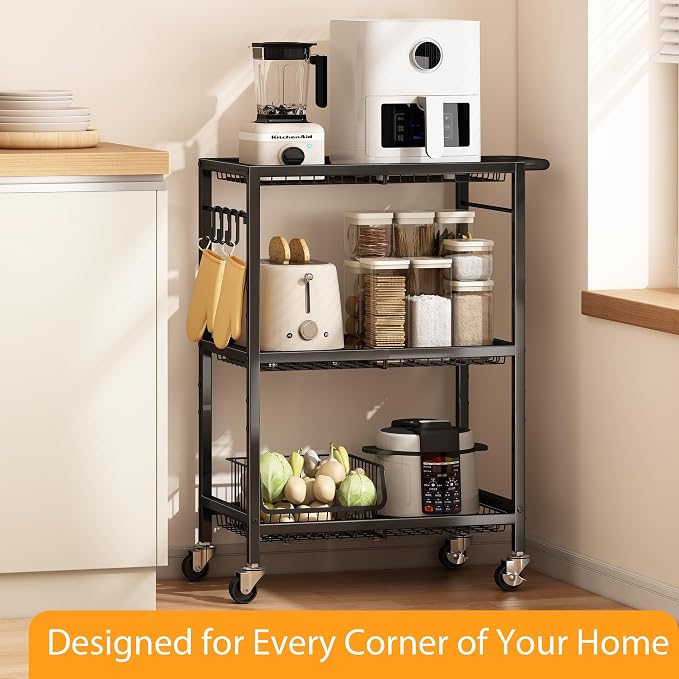 3-Tier Rolling Cart, Space-Saving Kitchen Cart with 150Lbs Capacity, Black Storage Cart with 2 Lockable Wheels for Kitchen Island, Restaurant, Garage, Backyard（No Wooden Boards, Lightweight Version）