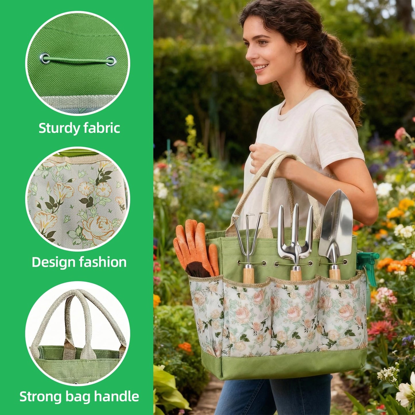 NOEAIKE Gardening Tools 10 Pack Heavy Duty Rust-Proof Garden Tool Set with Organizer Tote Bag,Sturdy Repotting Mat,Gardening Gifts for Women Mom(Green)