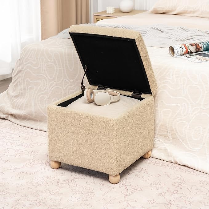 Adeco 17.3" Modern Oatmeal Teddy Velvet Storage Ottoman, Upholstered Cube Foot