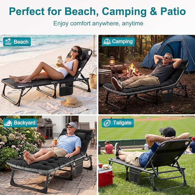 ABORON Heavy Duty Tanning Chair, 5-Gear Outdoor Folding Chaise Lounge Chair