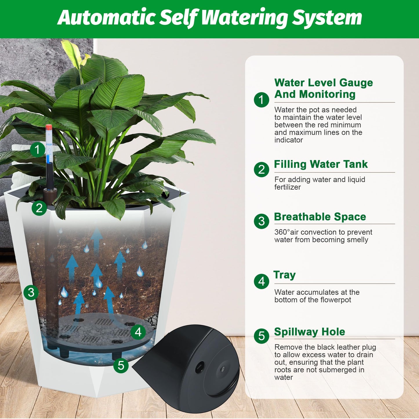 GarveeLife 16 Inch Tall Planters Set of 2, Outdoor Planters Self Watering Plant Pots with Water Level Monitor, Multiple Drainage Holes, Flower Pots for Patio, Porch, Living Room, or Home Office, White
