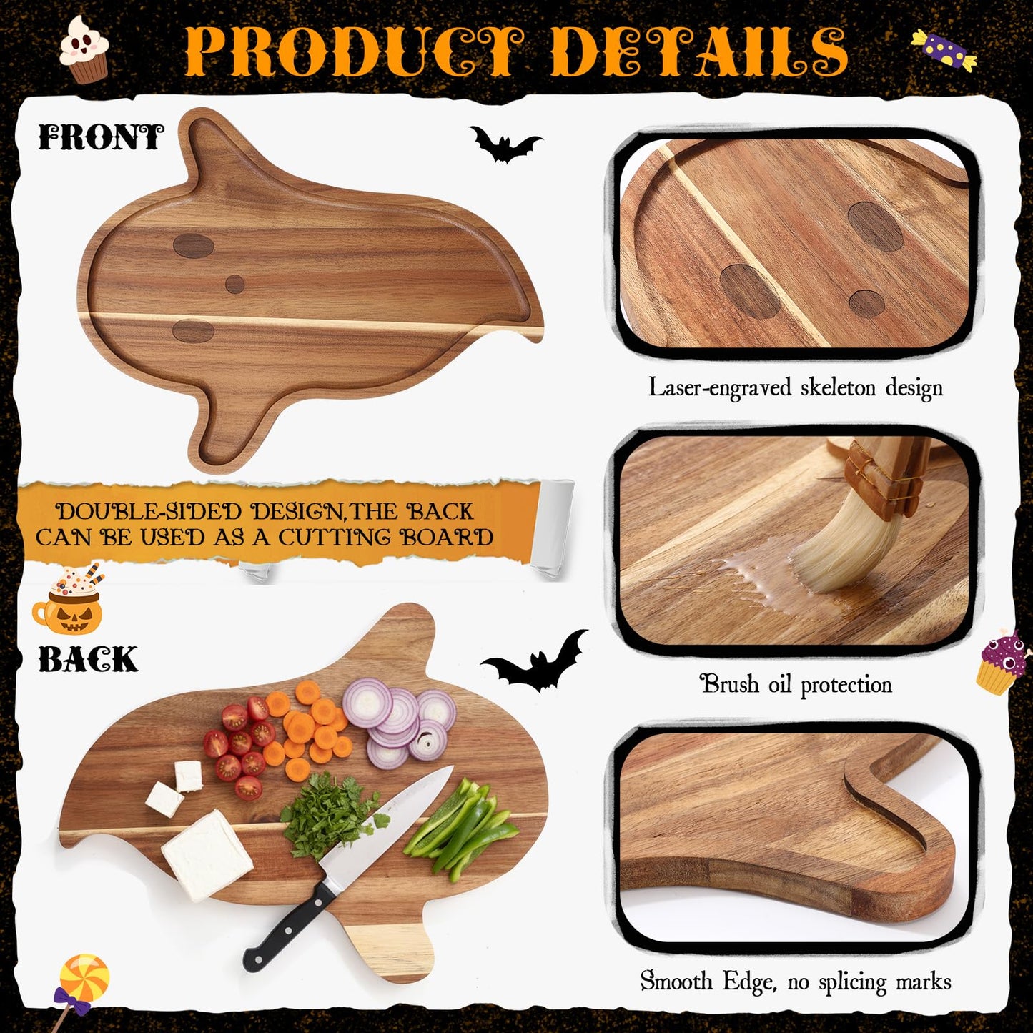 Potchen Ghost Charcuterie Boards Wooden Funny Cutting Board 12.6 x 15.7inch Acacia Wood Boards Cute Serving Tray for Fruit Bread Salad Vegetables Snack Dessert