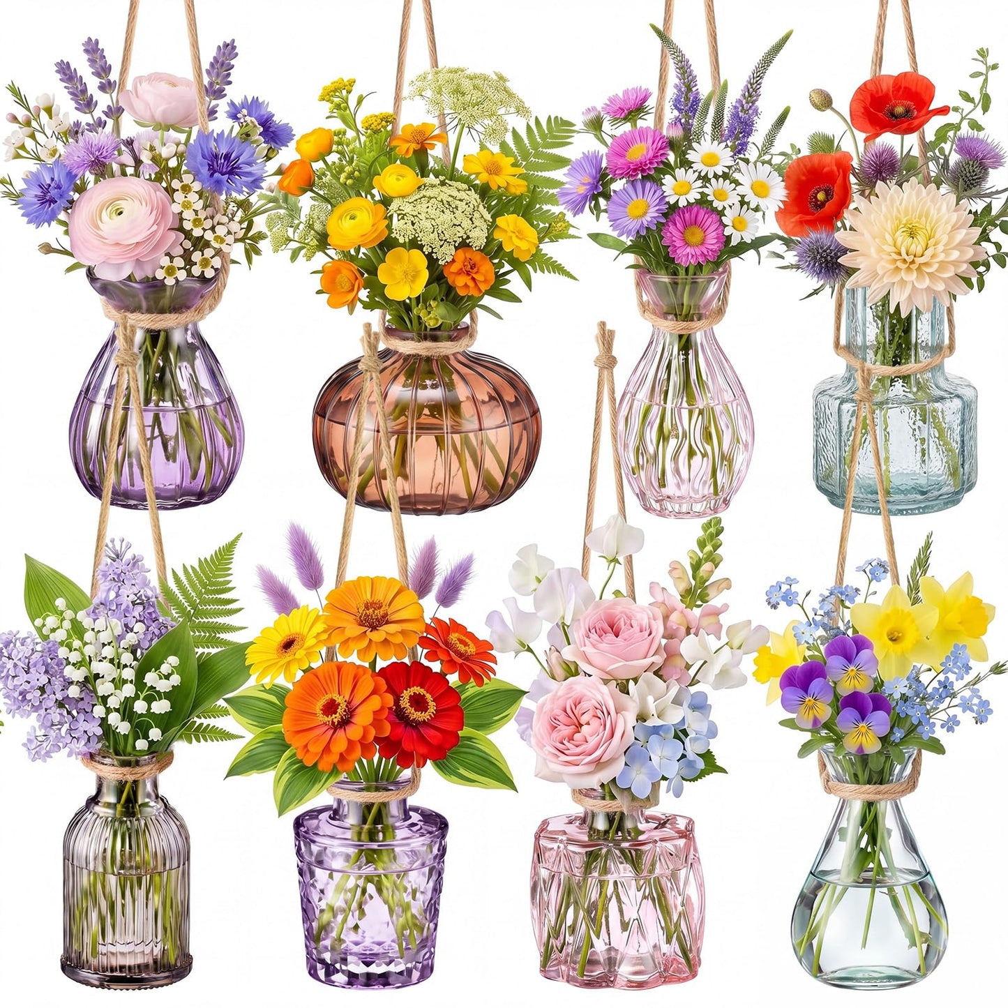 Wonderjune 8 Pcs Stained Glass Hanging Vases Hanging Glass Planters Small Plant Terrarium Pot Containers with Rope for Garden Home Indoor Outdoor Decor, 4 Styles (Fresh)