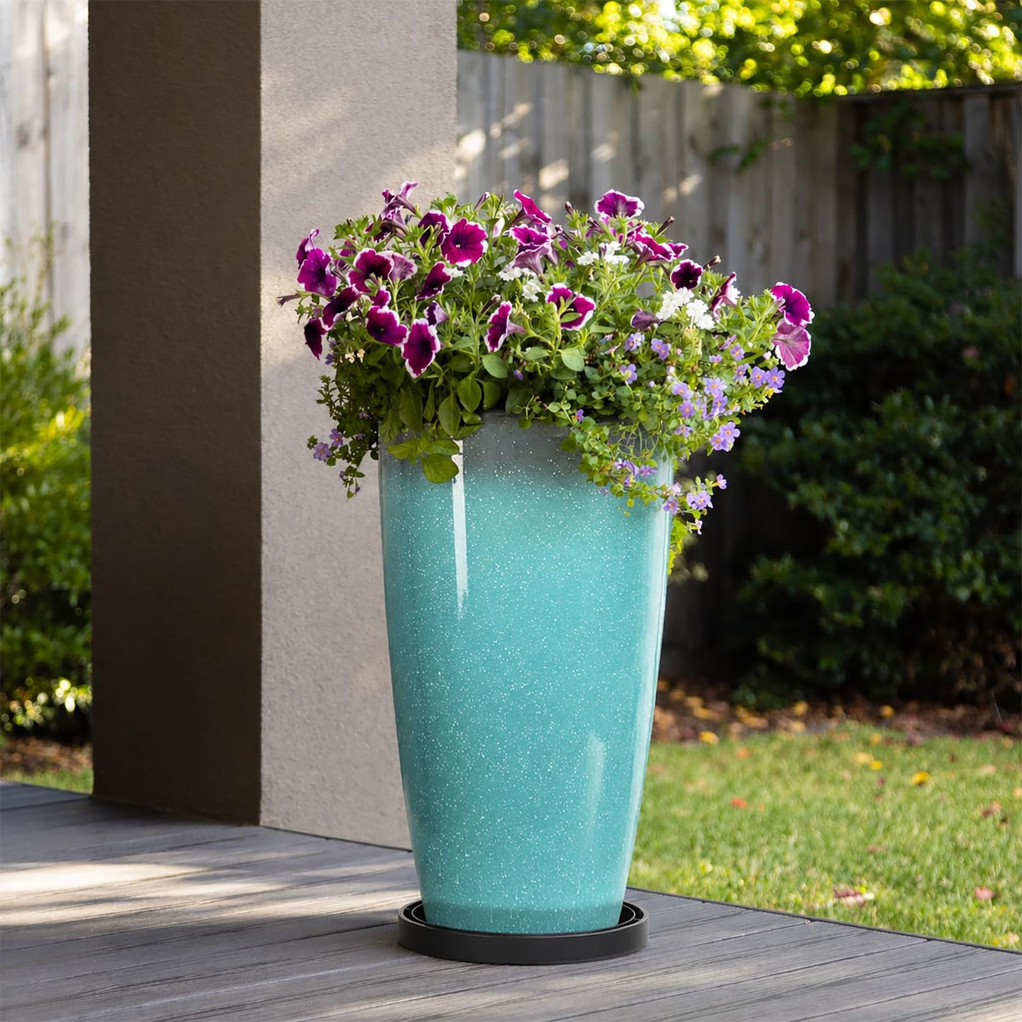 ZMTECH 24/21/12/10" H Large Plastic Planters with Drainage Hole and Saucer -Set of 4 Tall Lightweight Flower Pot for Front Porch Patio Deck,Sky Blue with White Spots