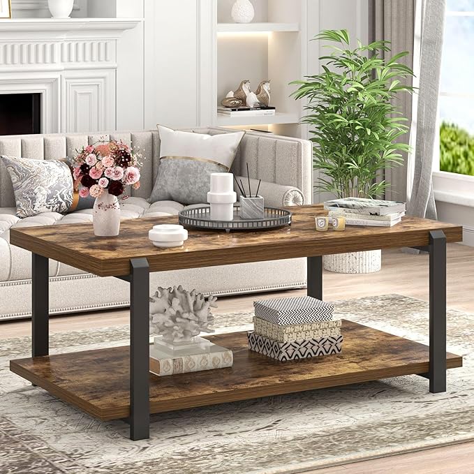 FOLUBAN Modern Coffee Table, Rustic Wood Center Table
