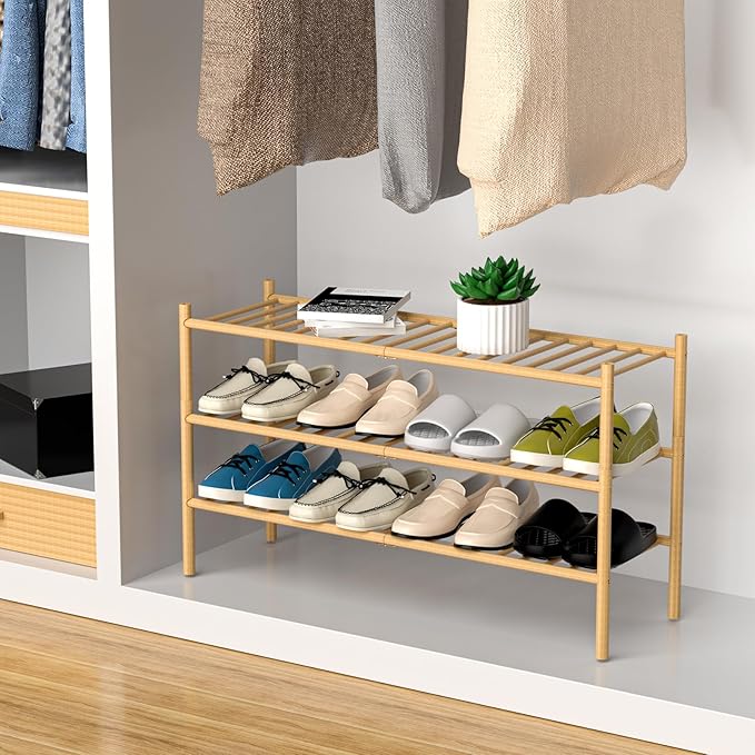 ROMGUAR CRAFT 3-Tier Bamboo Long Shoe Rack, Free Standing Wood Shoe Shelf