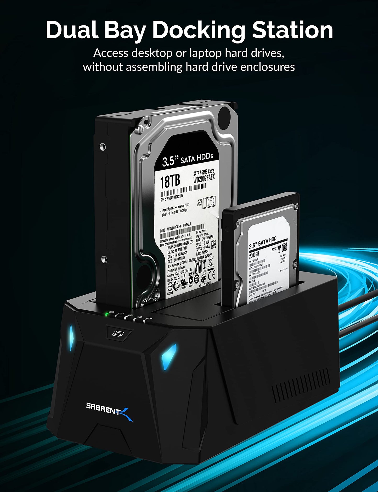 SABRENT USB Type C SATA 2.5” & 3.5” Dual Bay Hard Drive Docking Station | Offline Cloning | Up to 5Gbps | Tool Free Installation (EC-CH2B)