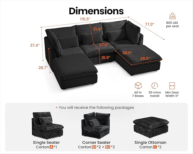 115" Oversized Corduroy Couch Modular Sectional Sofa, Washable Cloud Couch
