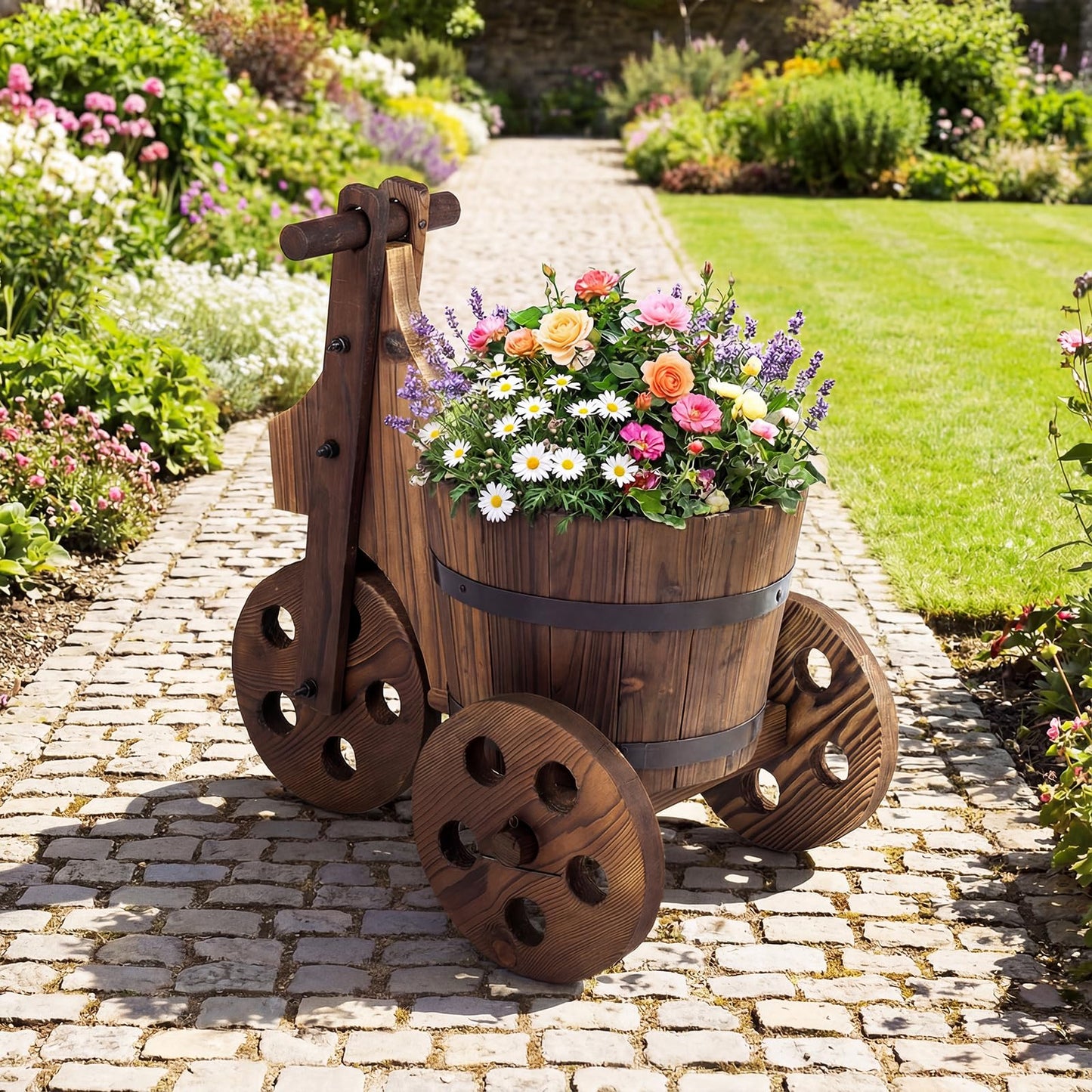 Giantex Wooden Wagon Planter with Wheels, Rustic Wood Plant Stand with 3 Wheels & Drainage Hole for Flowers Herbs Vegetables, Indoor Outdoor Decorative Garden Flower Cart for Patio Backyard (1)