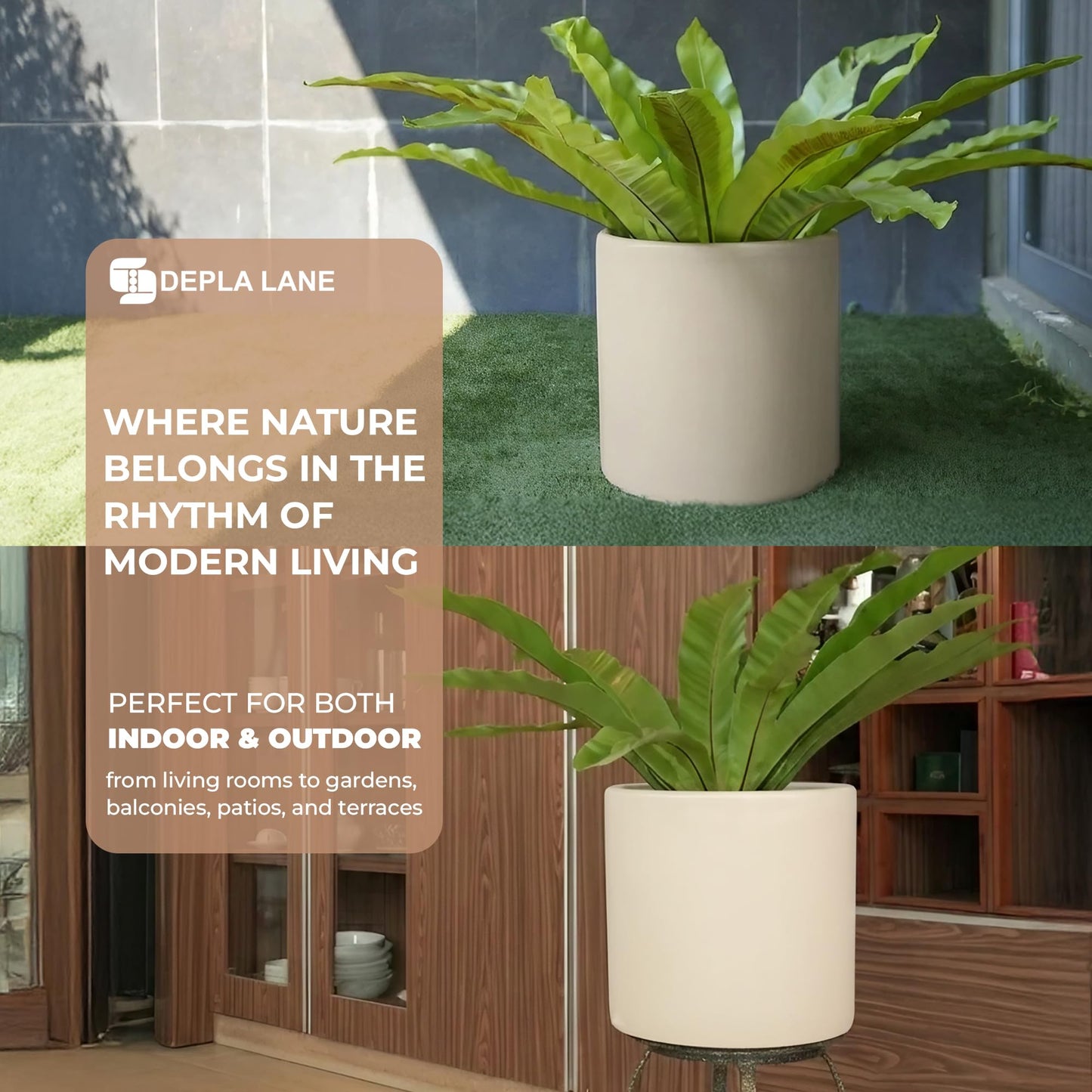 DEPLA LANE Lumero Fiberstone Cylinder Planter (14.0" Pot Opening x 15.7" D x 15.7" H) Smooth Finishes, Lightweight, Durable, UV Resistant, Minimalist Decor, Indoor Outdoor Plant Pot (XL, Cream White)