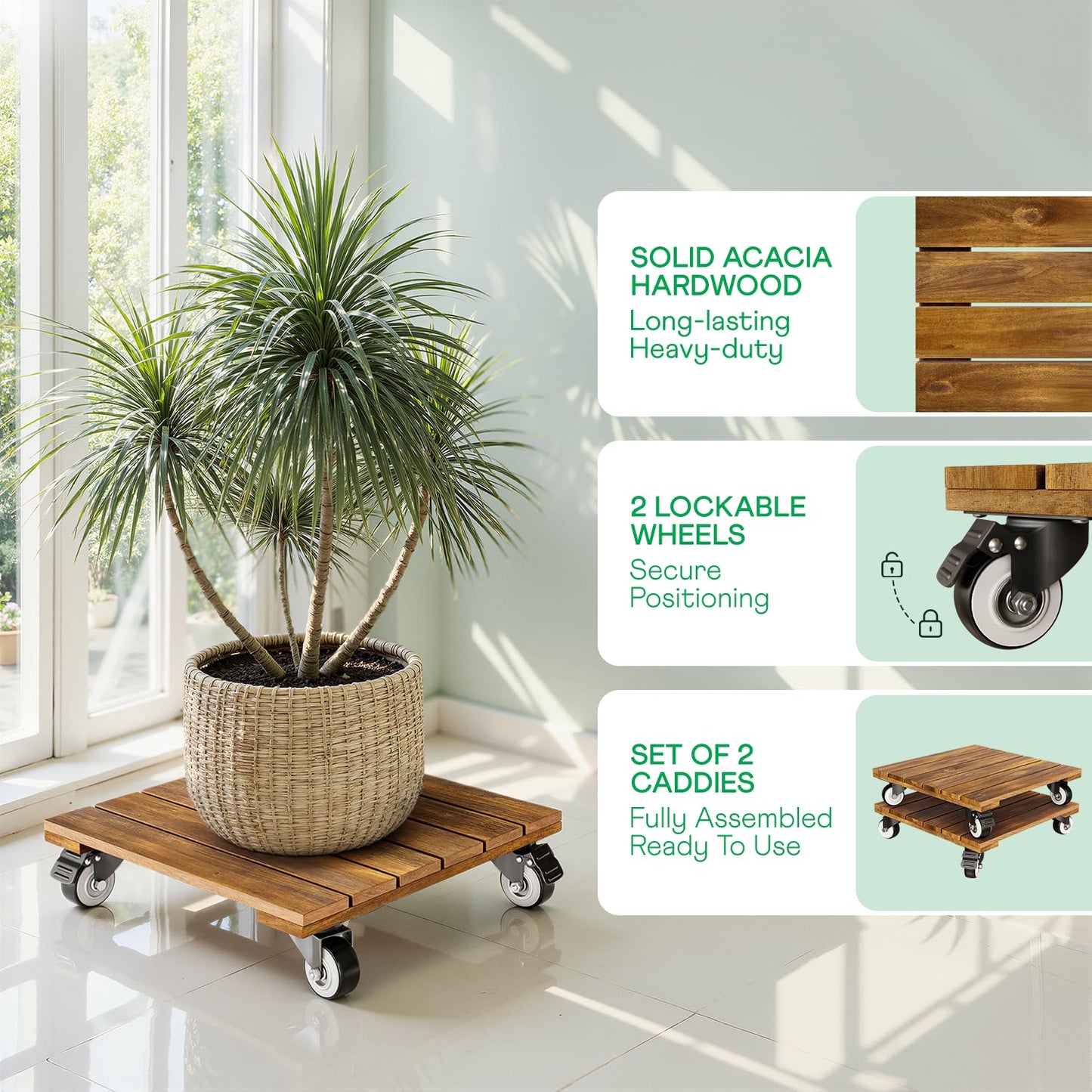 Idzo 2-Pack 12 Inch Acacia Wood Rolling Square Plant Caddy for Plant Pots, Heavy Duty Plant Stand with 360° Lockable Wheels, 264 lbs Capacity Caddy for Indoor and Outdoor Use, Natural Wood