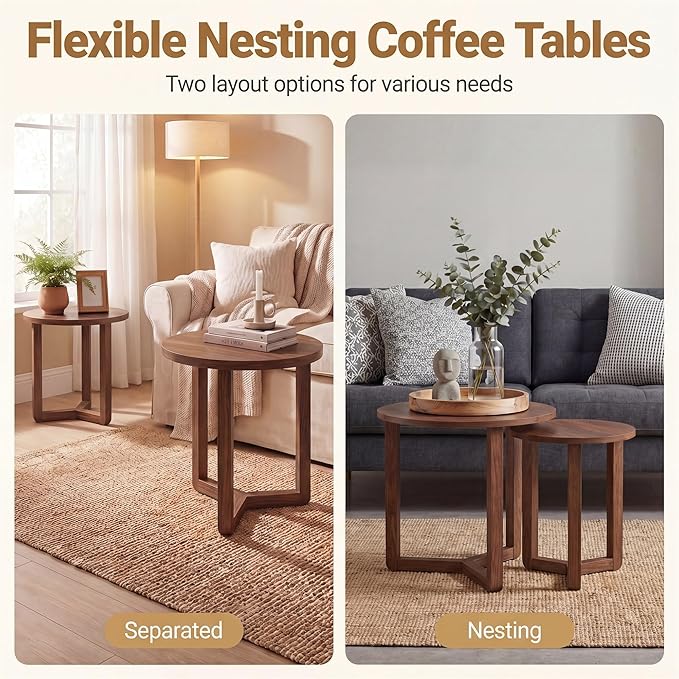 Tangkula Round Nesting Coffee Table Set of 2, Farmhouse End Tables