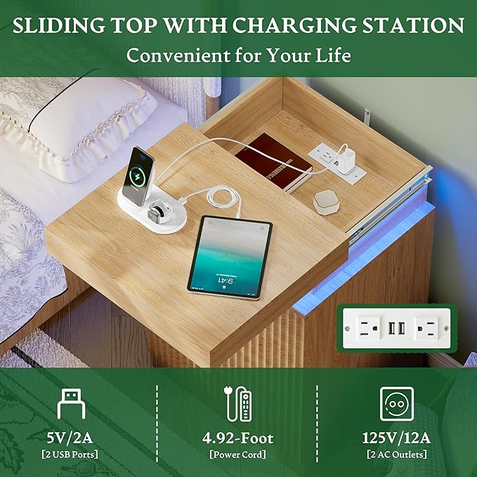 Xixini Nightstand with Charging Station and LED Lights, Fluted Night Stand with