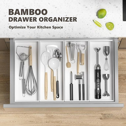 Kitchen Drawer Organizer Bins, Stackable Deep Bamboo Drawer Organizer for Silverware, Utensils, Cutlery, Flatware, Junk, Dresser, Bathroom, 15" x 6" x 2.5" (Set of 2)