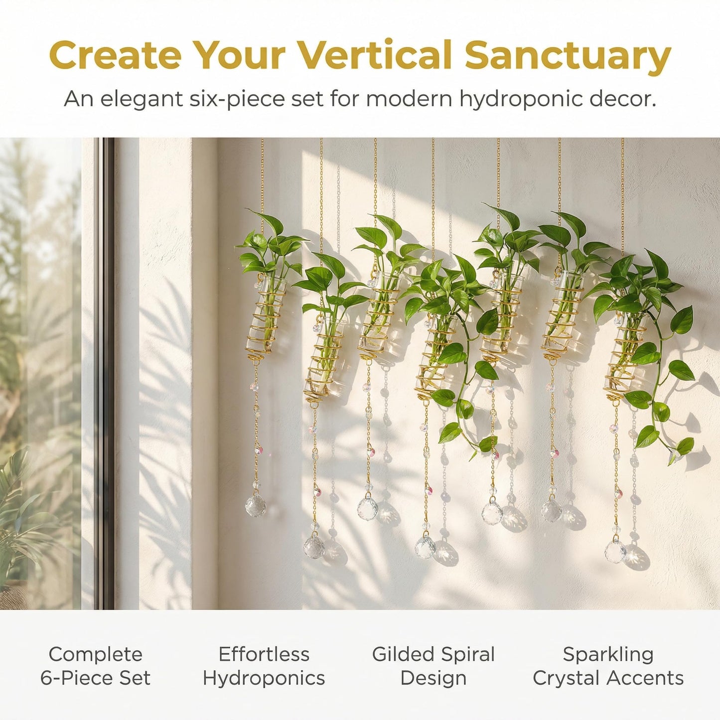 H&D HYALINE & DORA 6 Pcs Hanging Propagation Station with Crystal Ball Prisms Suncatcher and Cleaning Brush, Glass Wall Vases Crystals Prism Hanging Decor for Windows Home Wedding Decoration(Golden)