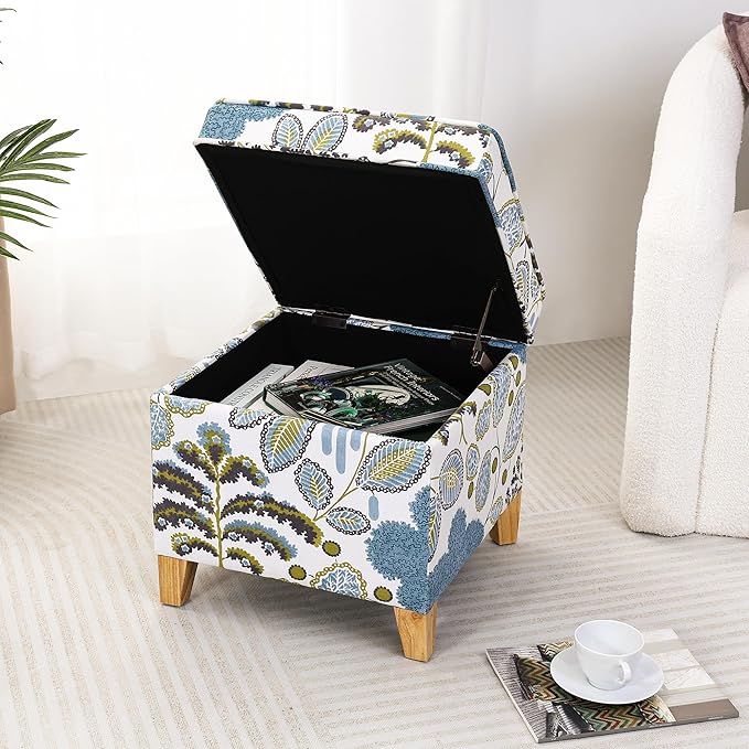 Adeco 18 Inch Linen Storage Ottoman Cube, Upholstered Footstool
