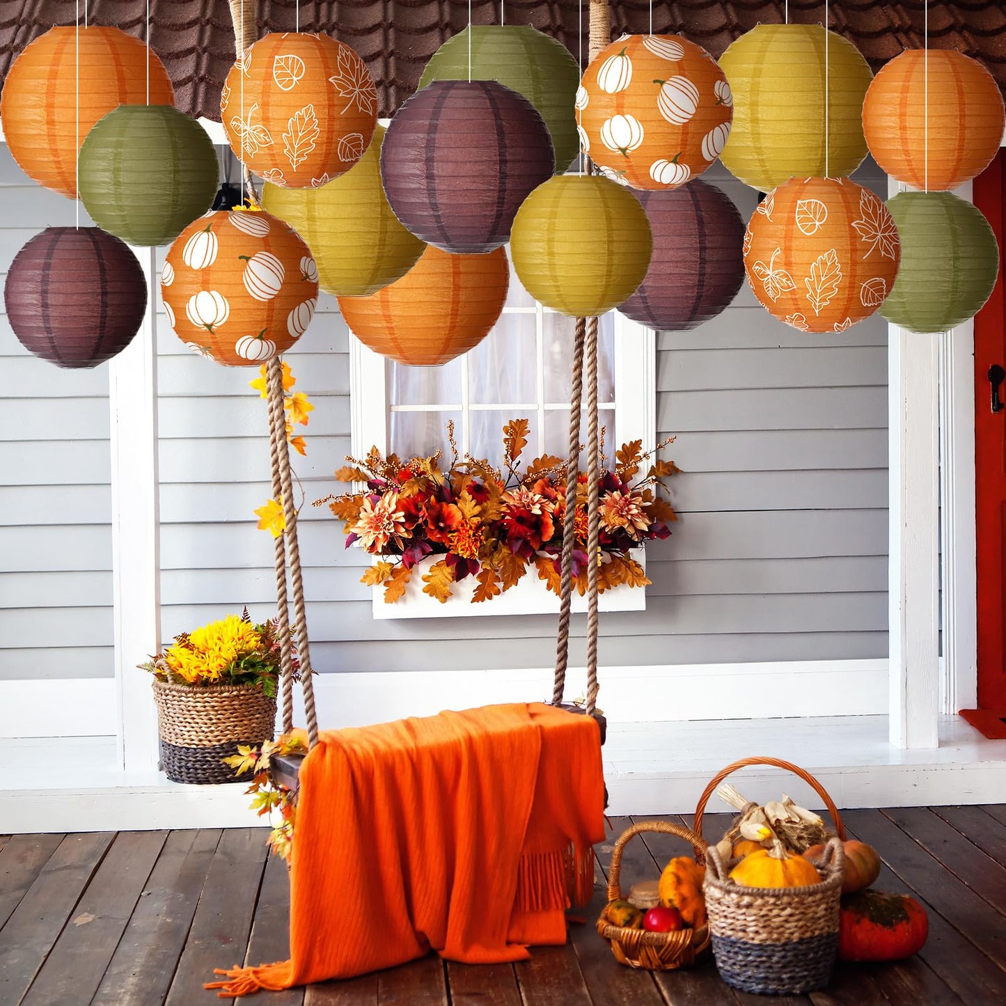 Bencailor 16 Pcs Thanksgiving Paper Lanterns Fall Party Paper Lanterns Dark Orange Pumpkin Round Thankful Maple Leaves Hanging Party Decorations for Autumn Harvest Outdoor Decor