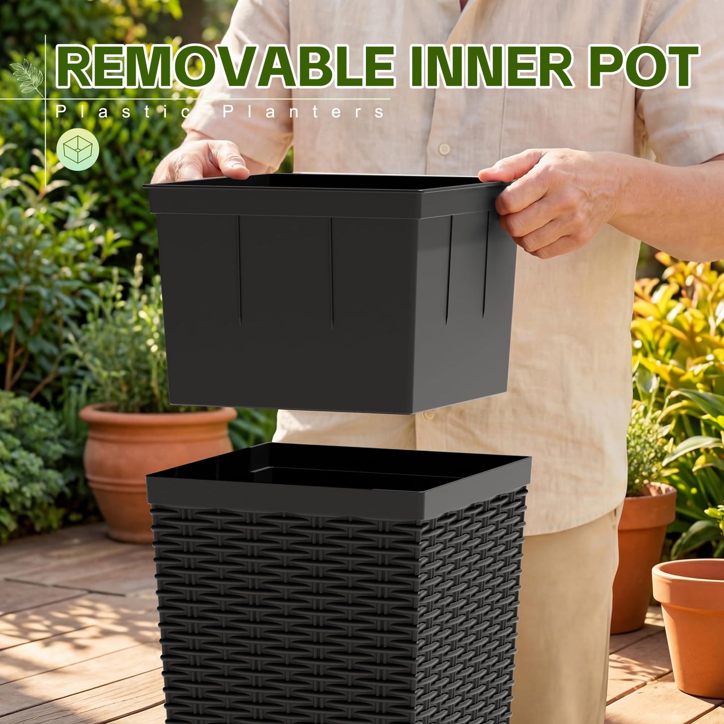 Devoko Resin Tall Planters for Outdoor Plants Set of 2, Large Widened Taper Planter Pots with 8 Drainage Holes, Flower Pots Modern Decor for Porch, Patio, Garden (Black, 24'' Without Trays)