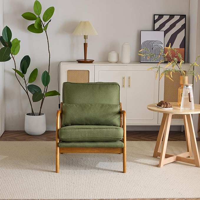 Bonnlo Dark Green Linen Mid Century Modern Accent Chair, Soild Wood Padding