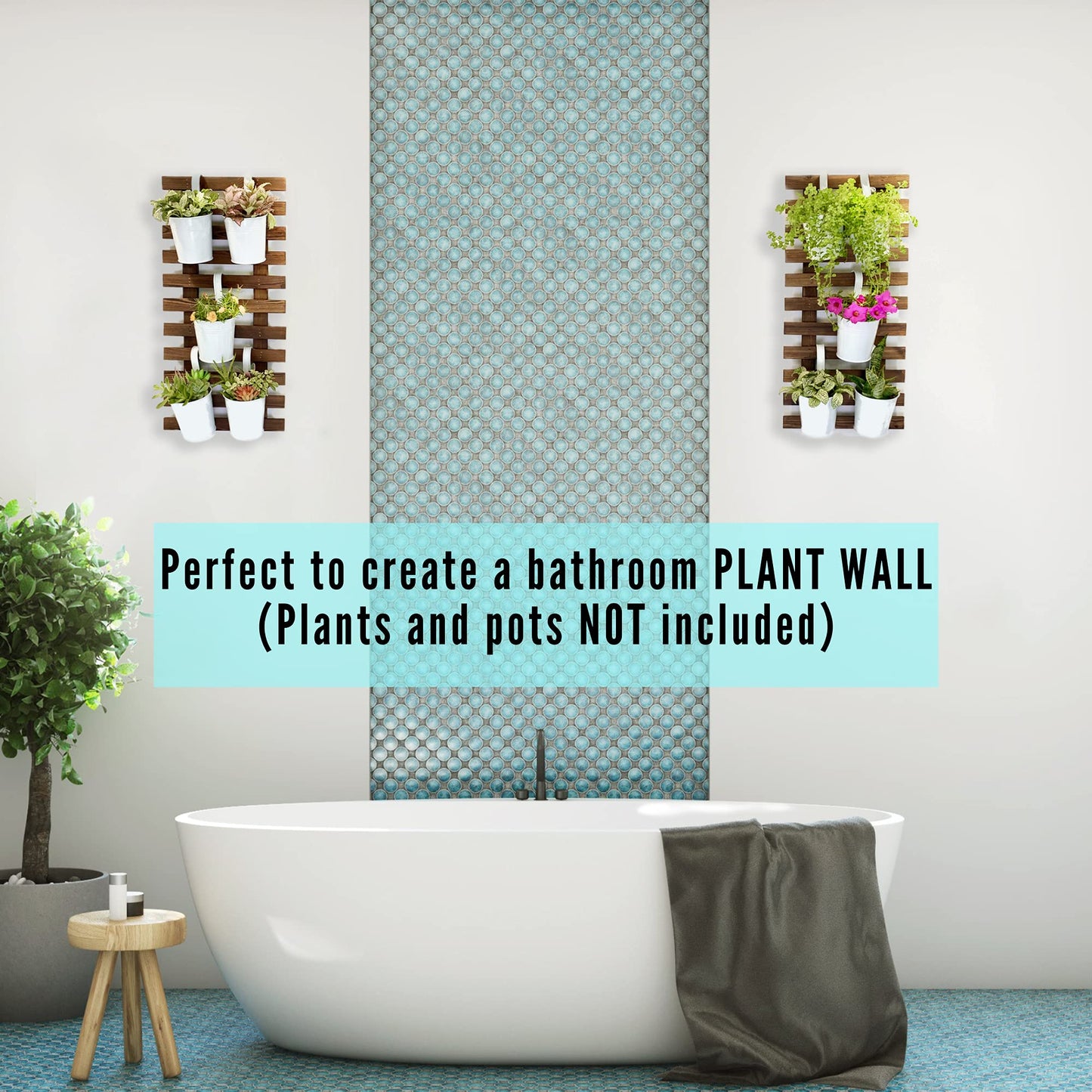 LalaGreen Bundle - 4" Pot + 2 Wooden Plant Holder, Black Self Watering Pot, Wall Hanging Planters for Indoor Plants Ladder, Wall Hanging Pots, Outdoor Vertical Garden Unique Live Orchid Planter Holder