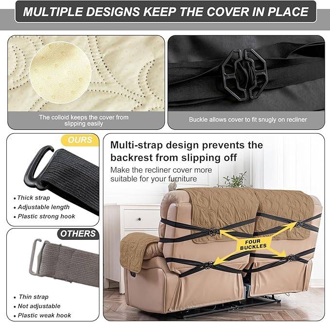 100% Waterproof Loveseat Recliner Cover, 4-Piece Split Reclining Couch Covers