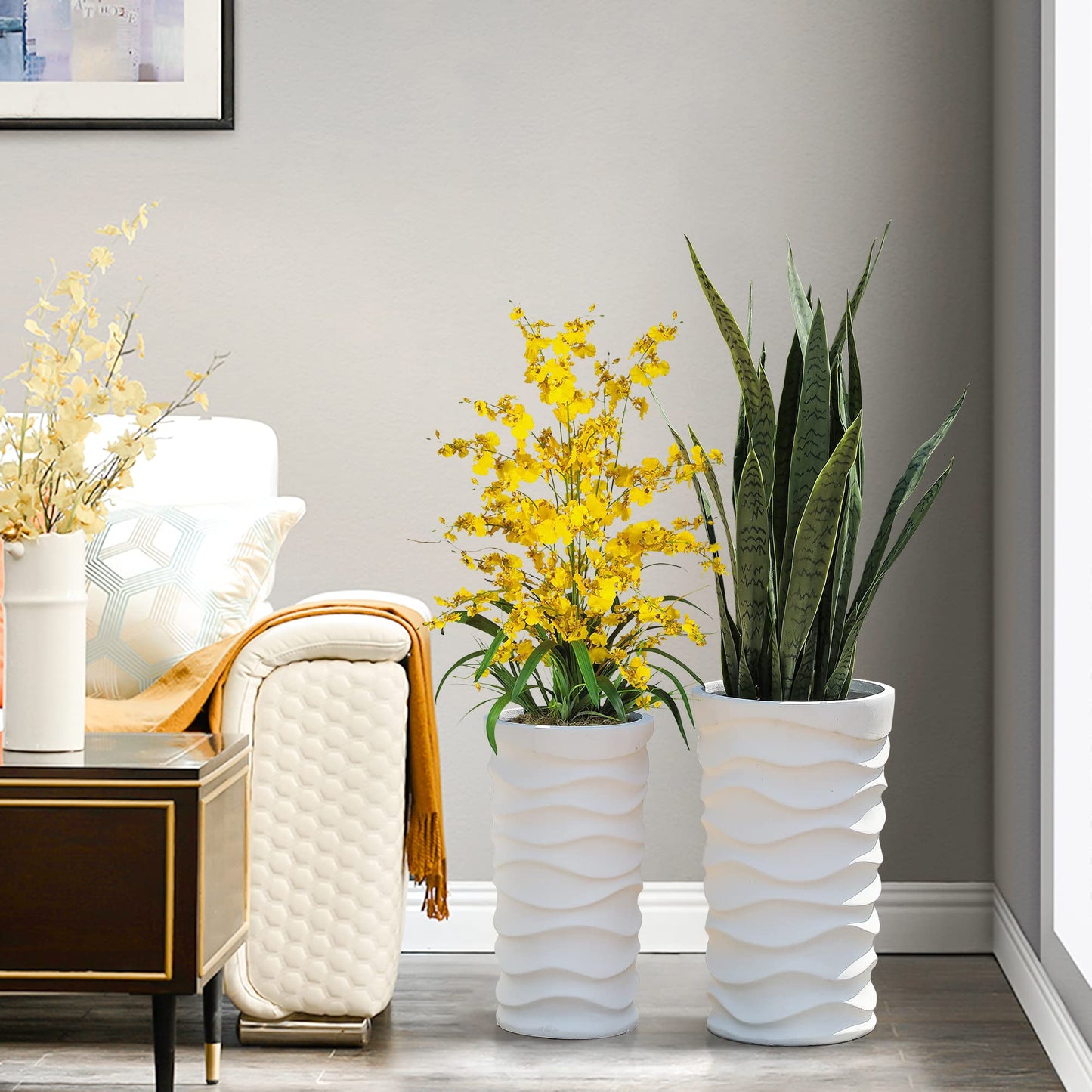 LuxenHome Tall Planters for Outdoor Plants, Set of 2 Indoor Outdoor Garden Plant Pots with Drainage Hole and Rubber Plug, Modern White Waves Flower Pot Concrete Planters for Home Garden Patio Porch