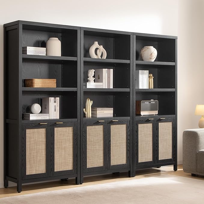 SICOTAS Bookcase 71" Tall Bookshelf 5 Tier Rattan Boho Bookcase