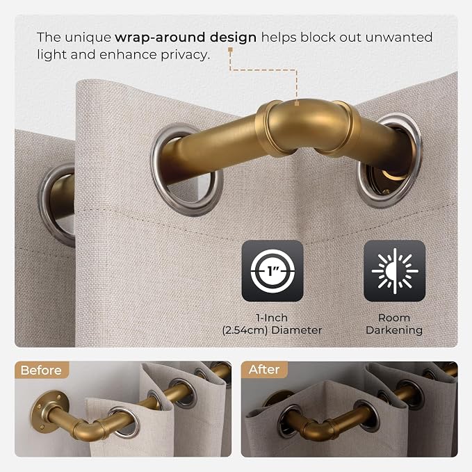 Zeerobee Curtain Rods for Windows 48 to 84, 1 Inch Industrial Wrap Around Warm Gold Curtain Rod, Indoor/Outdoor Room Divider Adjustable Drapery Pole, 48"-86"