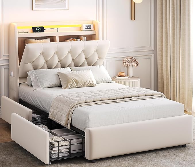 Twin LED Velvet Bed Frame with 2 Storage Drawers&Hidden Headboard, Upholstered