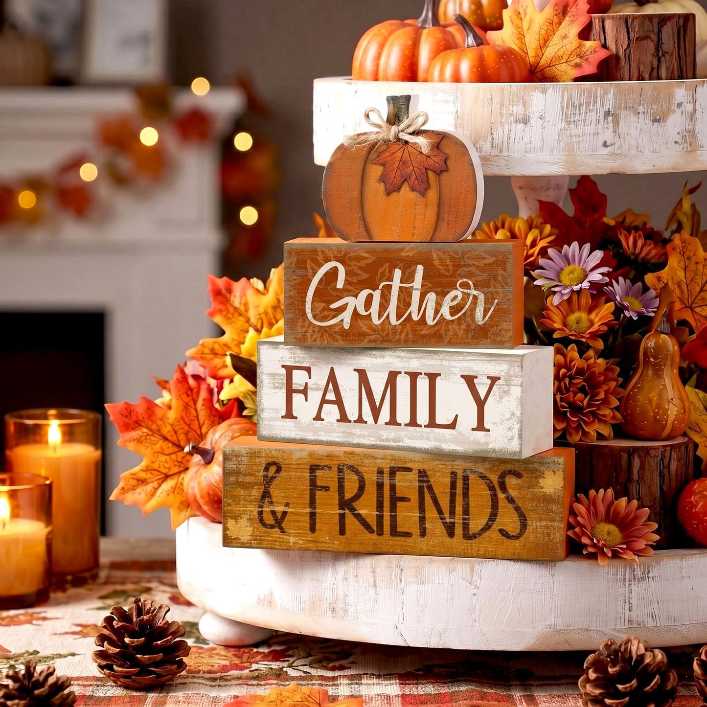 Lineshading 4 Pcs Fall Pumpkin Decor Fall Decorations for Home Wooden Pumpkin Decor Thanksgiving Table Centerpiece Rustic Decorative Autumn Stacked Block Signs Farmhouse for Harvest Party Home Kitchen