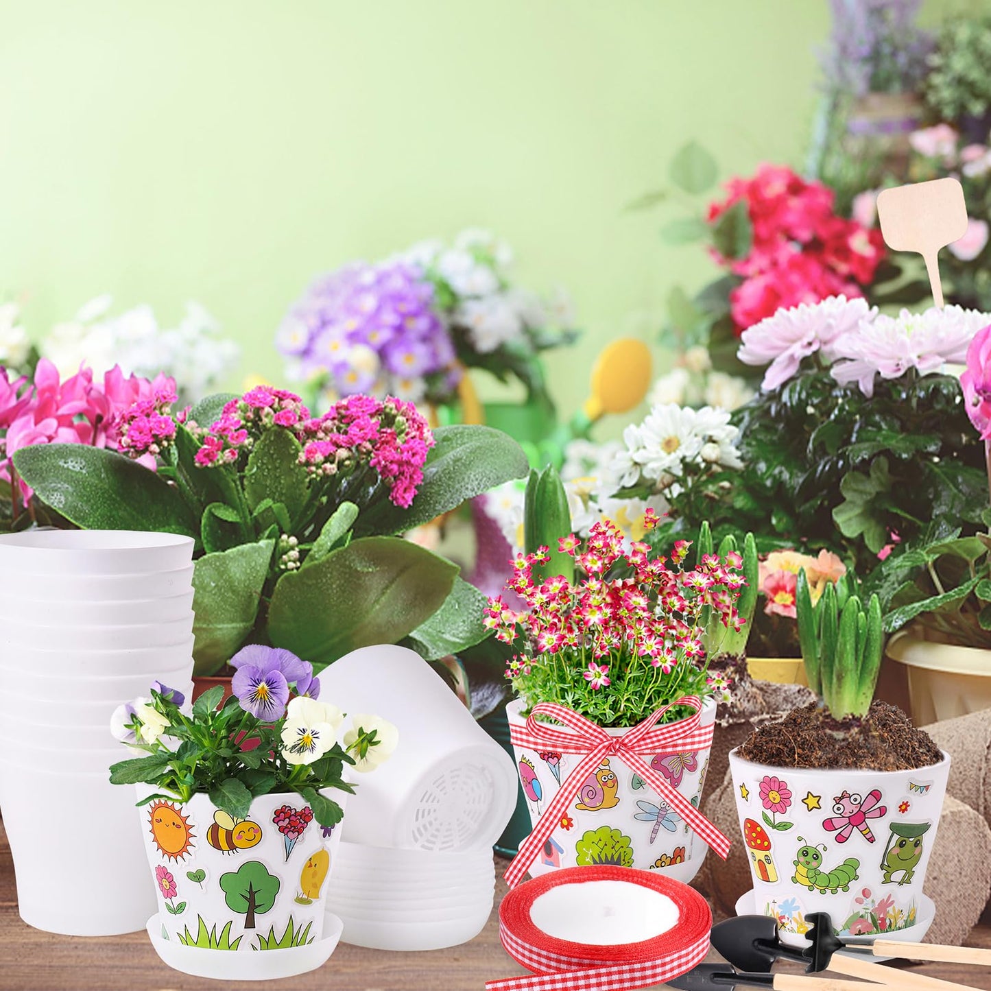 Aweyka 30 Pack Garden Plastic Pot Craft Kit DIY Flower Plant Crafts Nursery Pots with Stickers Flower Planting Growing Kit for Spring Summer Home Classroom School Creative DIY Art Project Activities