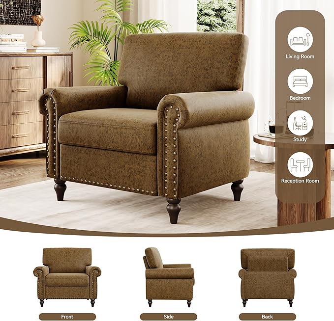 Nailhead Trim Accent Chair, Faux Leahter Mid Century Modern Living Room Arm