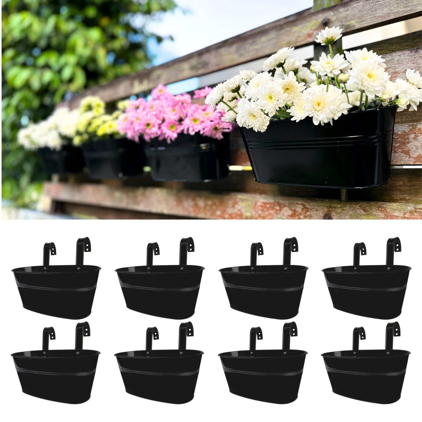 LaLaGreen Rail Planter Outdoor Plants(11.8 Inch, 8 Pack) Black Metal Iron Hanging Flower Pots Deck Railings Fence Buckets Modern Countryside Boho Style Wall Mount Window Box Plant Holder Porch Decor