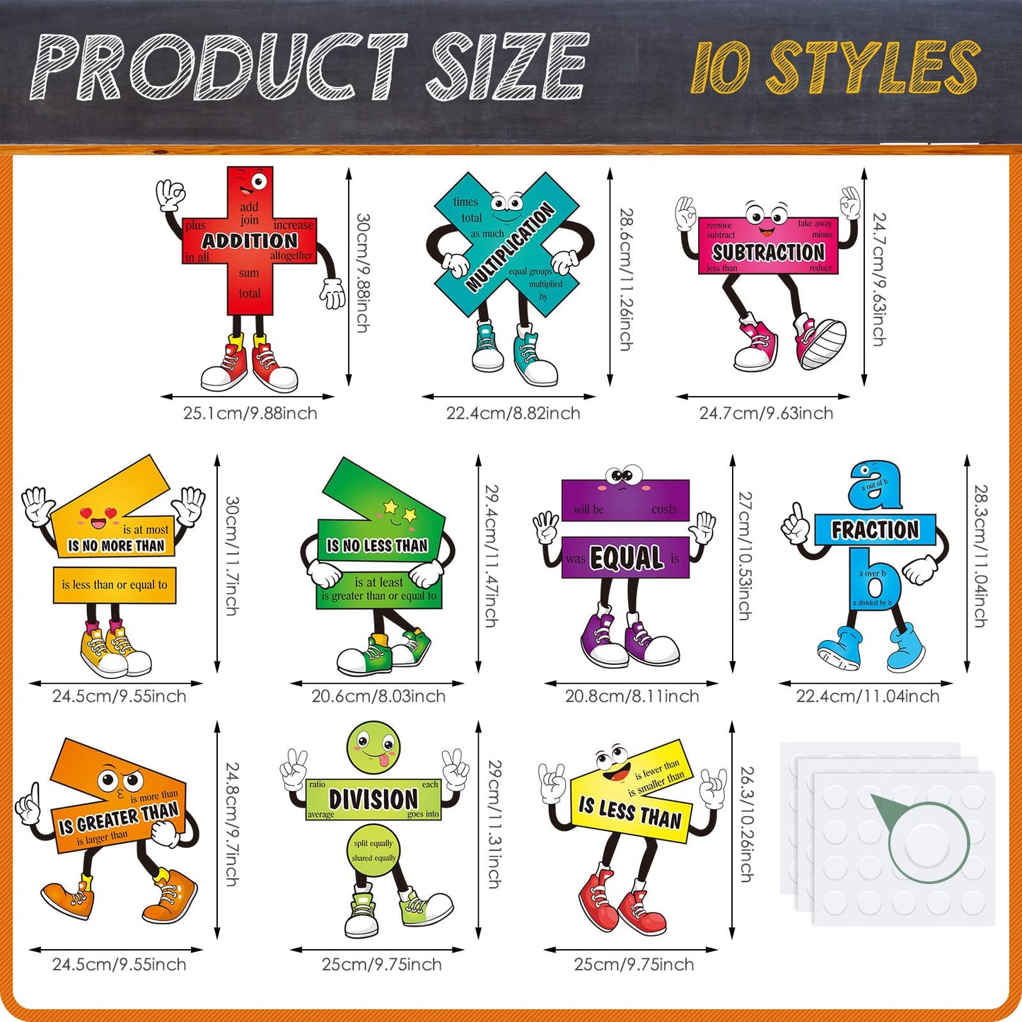 Pasimy 10 Pcs Math Posters Math Symbol Posters Educational Learning Poster Math Signs with 80 Adhesive Glue Points Classroom Supplies for Teachers (Pasimy-Bulletin-45)