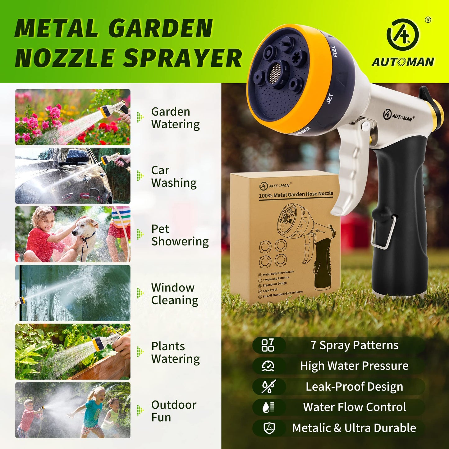 AUTOMAN Garden Hose Nozzles - High Pressure 100% Metal Hose Sprayer 2 Pack, Heavy Duty Garden Watering Nozzle Set, Powerful Garden Nozzle for Watering Plants, Window Cleaning,Washing Cars,Pets Bathing