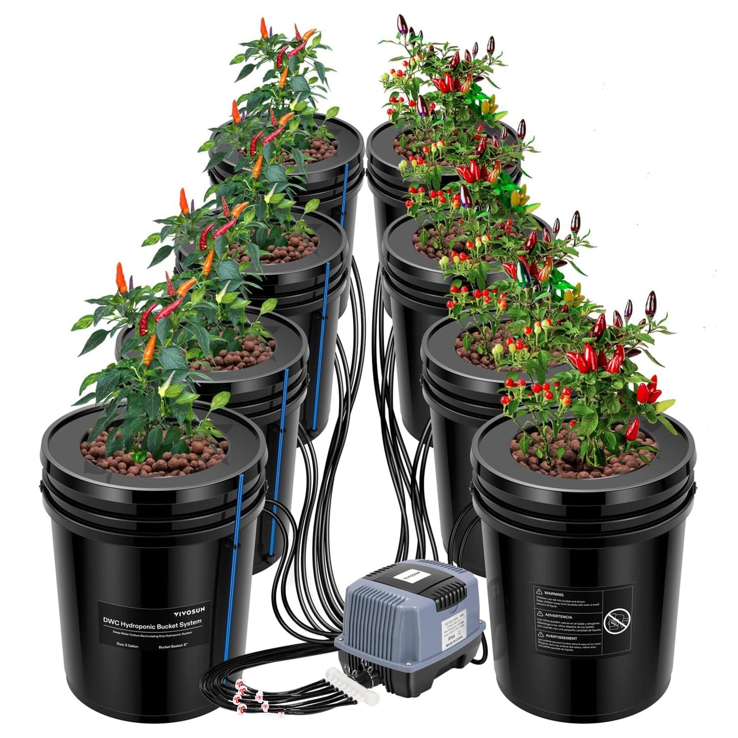VIVOSUN DWC Hydroponics Grow System with Top Drip Kit, 5-Gallon Deep Water Culture, Recirculating Drip Garden System with Multi-Purpose Air Hose, Air Pump, and Air Stone (8 Buckets + Top Drip Kit)