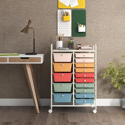 LDAILY 15 Drawer Rolling Storage Cart, Rolling Cart with Drawers for Classroom, Art Supply Craft Organizer on Wheel with Metal Frame & Handles for Home Office School