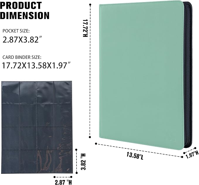 Card Binder 16 Pocket,Trading Card Binder Holds up to 1408 Cards with 44 Sleeves,Zipper Card Holder Album Compatible with TCG Card/Game Cards/Sports Card-Light green
