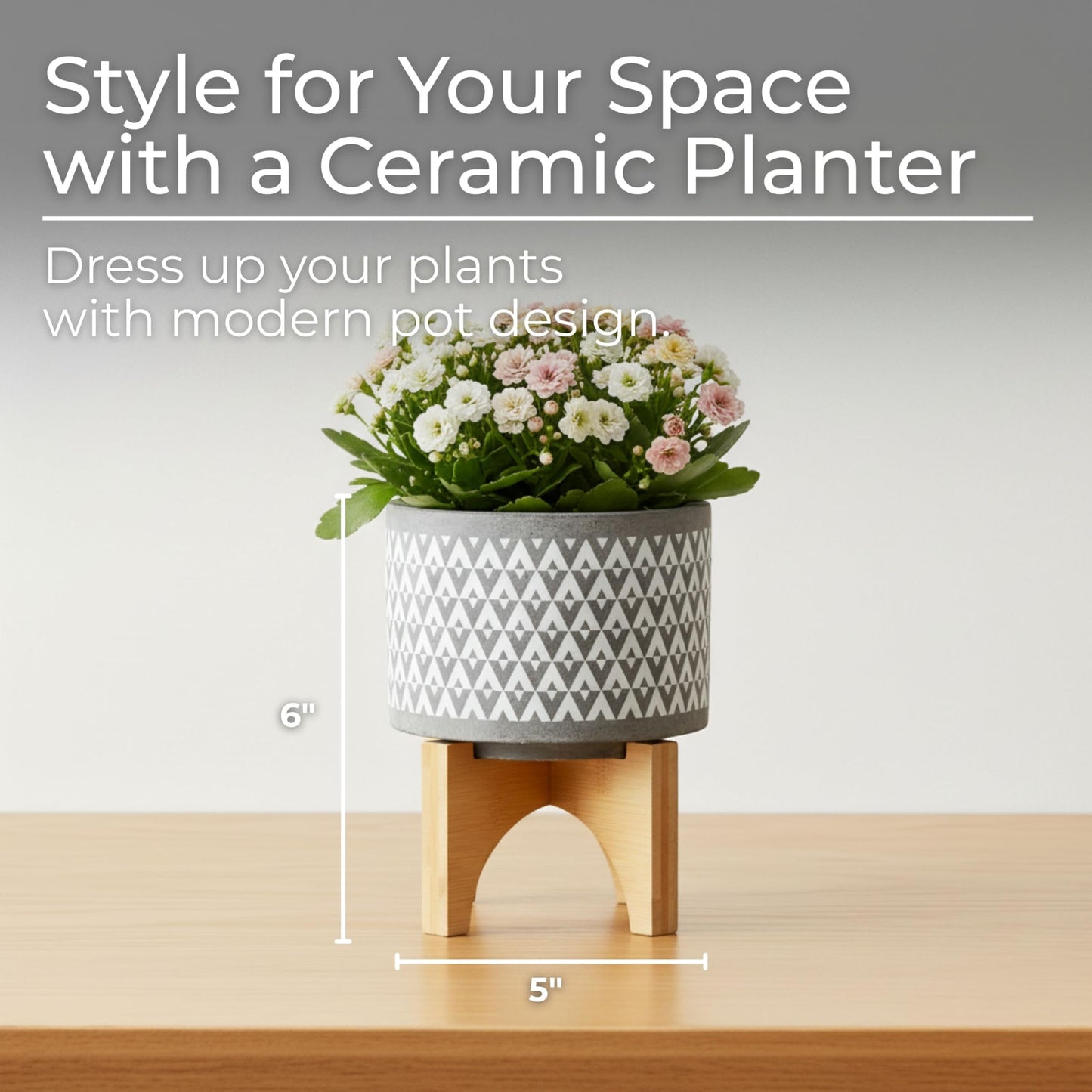 Aztec Decorative Planter Pot on Wooden Stand – Ceramic Stoneware Outdoor & Indoor Plant Pot with Gray Geometric Pattern – Modern Garden & Home Decor Ceramic Planters – 6", Gray
