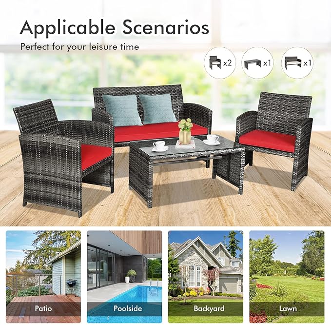 Goplus 4-Piece Rattan Patio Furniture Set, Outdoor Wicker Conversation Sofa