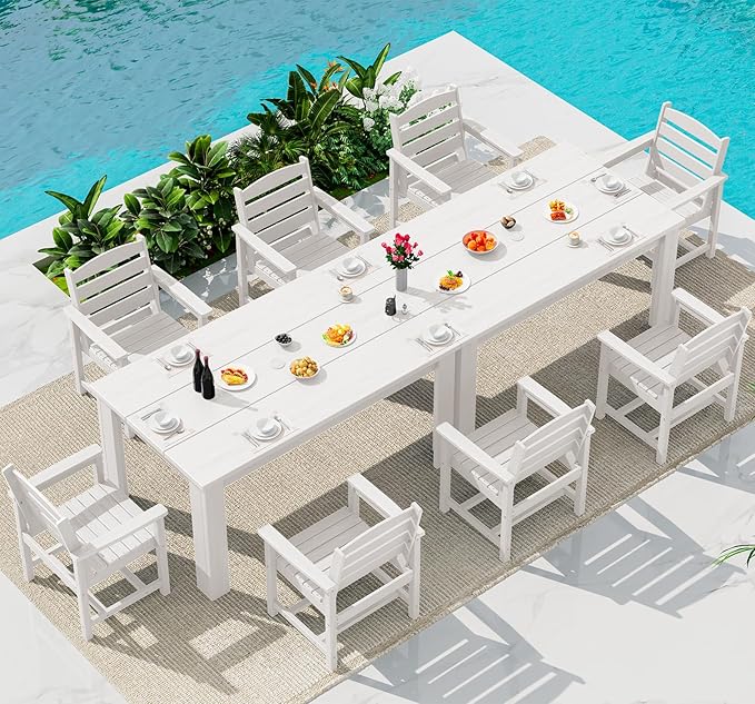 SERWALL HDPE Dining Set for 8: 2 Umbrella Hole Tables + 8 Chairs. Includes 8